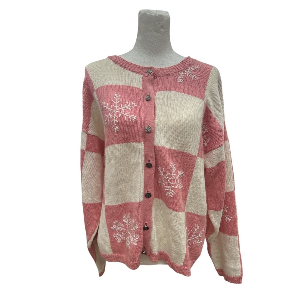 Christopher & Banks‎ Womens Cardigan Sweater Pink  Snowflake Checkerboard Knit L